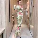 Women Maxi Dress Autumn Winter Sexy Printed Slim Fit Long Sleeve Narrow Dress