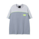 Hip-hop t-shirts: american-style short-sleeve, letter-embroidered, color-blocked, loose-fit, crew neck tee