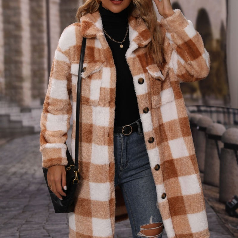 Women Trench Coat Autumn Lapel Long Sleeve Loose Plaid Single Breasted Long Plush Casual Coat