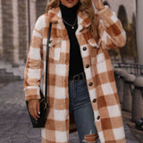 Women Trench Coat Autumn Lapel Long Sleeve Loose Plaid Single Breasted Long Plush Casual Coat