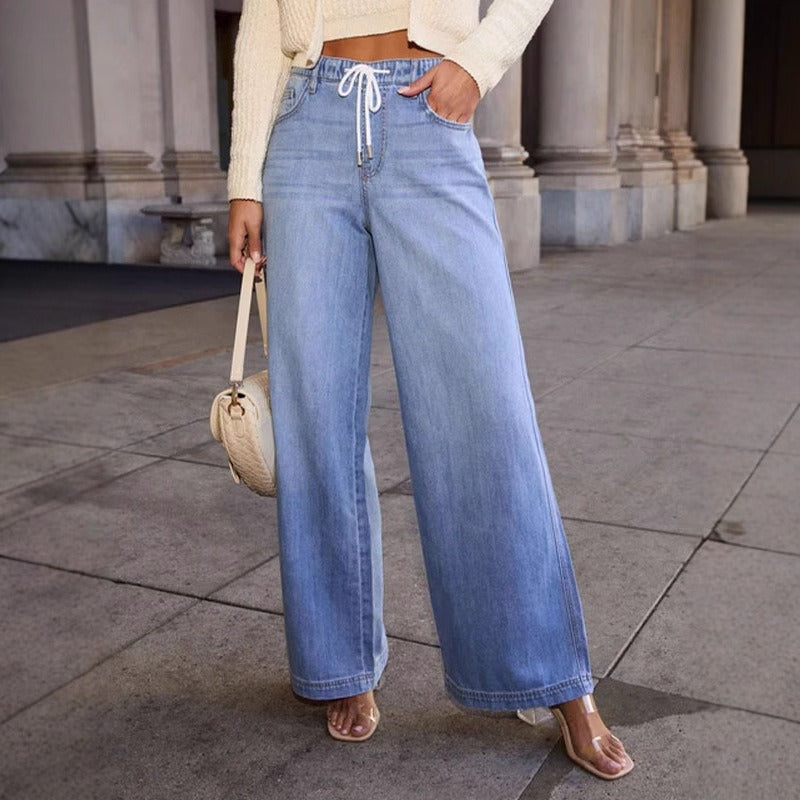 Women's pants - in stock - women's fashion - european & american style - plus size - high waist - drawstring - loose fit - wide leg - slimming - denim trousers - women's