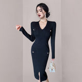 Women Maxi Dress Autumn and Winter V-neck Knitted Hip Skirt Midi Skirt