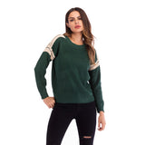 Women Knitted Sweater Casual Top Autumn Crew Neck Long Sleeve Color Matching Sweater