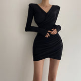 Women Dresses Brown Pleated Cross V-neck Long-Sleeve Dress Skirt