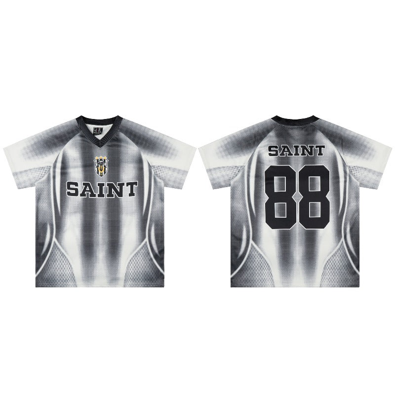 Cyber fuzzy gradient digital jersey quick-drying mesh v-neck short-sleeved hip hop trendy sports shirt