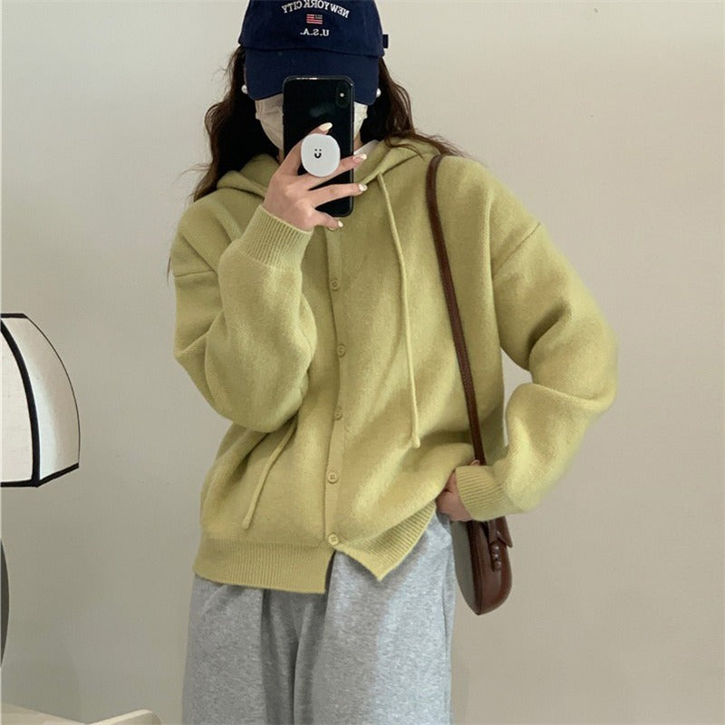 Women Knitwear Spring and Autumn Hooded Sweater Loose Knitted Cardigan