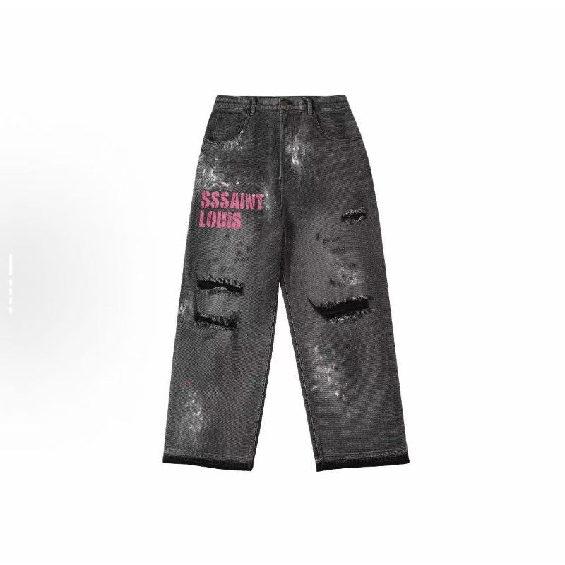 Saint m t pants s.m distressed ripped letter logo straightleg jeans