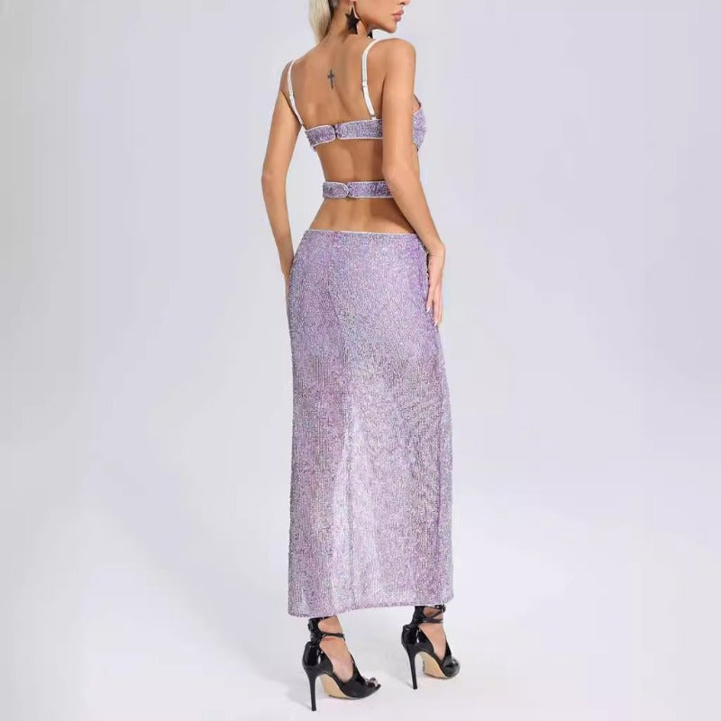 Women Evening Dress Hollow Backless Sexy Suspenders Grid Sequins Split Dress