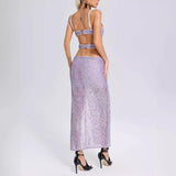 Women Evening Dress Hollow Backless Sexy Suspenders Grid Sequins Split Dress