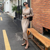 Women Dresses Hollow-out Long Sleeve Dress Split Dress