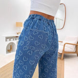 Women's spring amazon cross-border fashion heart crochet denim jeans - women's casual washed straight-leg trousers
