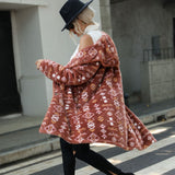 Women Trench Coat Hooded Long Sleeve Geometric Printed Single-Breasted Extended Regular Plush Jacket