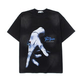 Hip-hop t-shirts: american high street washed & distressed vintage puppet hand print oversized summer short sleeve tee