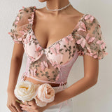 Women Party Tops Halter Perspective Butterfly Embroidered Suspender Mesh Vest