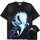 Hip-hop t-shirts: american retro distressed cartoon angel print short sleeve tee, hip-hop oversized top, trendy tee