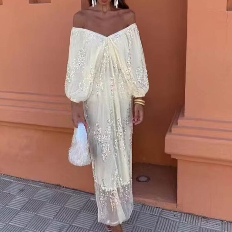 Women Dresses Summer Batwing Sleeve V-neck Long Dress (Xds0414)