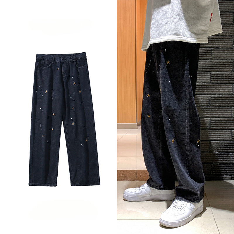 Men Jeans Splash Ink Paint Spots XINGX Embroidered Jeans Vintage Straight Loose Dad Jeans