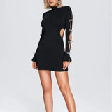 Women's Evening Dress Black Long Sleeve Bowknot Hollow-out Midriff Mini Skirt Sheath Bandage One-Piece Dress
