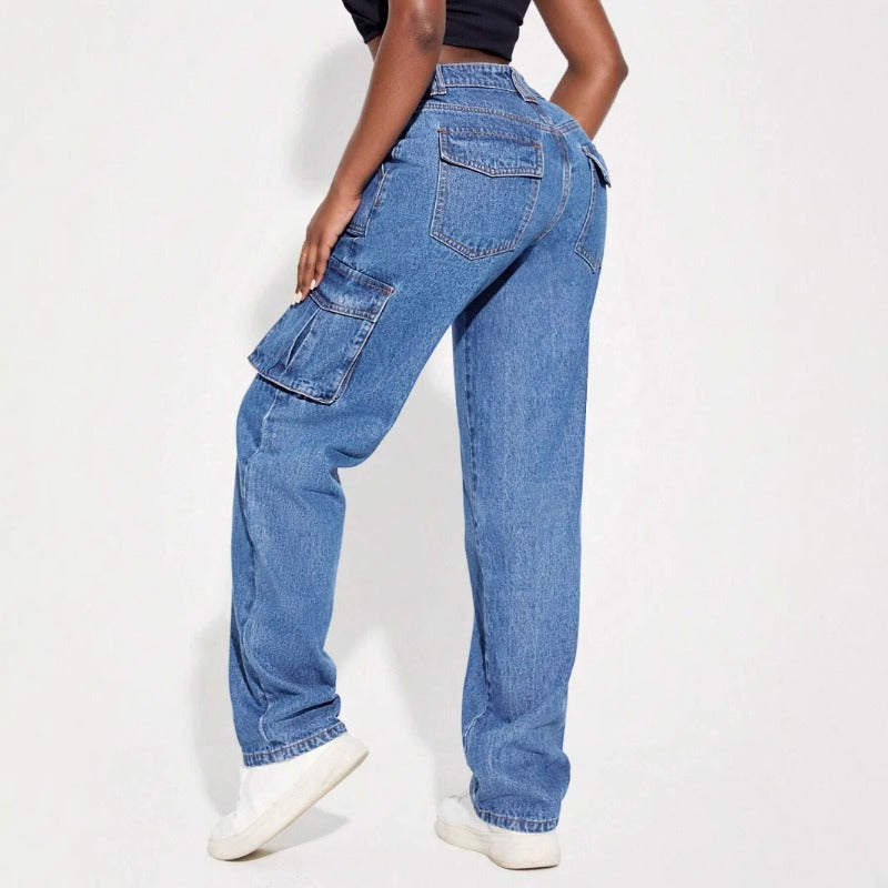 Women's pants: cross-border e-commerce american retro mid-rise multi-pocket cargo jeans, women's casual straight-leg trousers