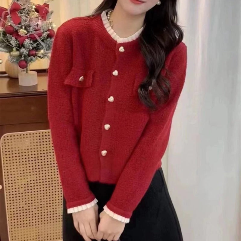 Women Knitted Cardigan Female with Hearts Button Coat