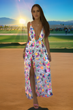 Coachella Dress Deep V Halter Sequins Floral, Sexy Split Dress