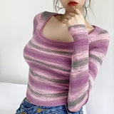 Women Sweater Knitwear Autumn Sexy Square Collar Striped Knitted T-shirt Long Sleeve Sweater