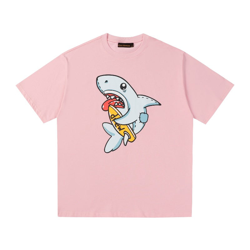 Drew house t shirt d@ew cartoon shark pattern round neck pullover short sleeves