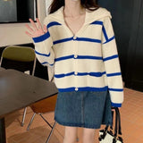 Women Knitwear Autumn and Winter Striped Sailor Collar Sweater Loose Knitted Cardigan