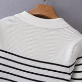 Women Sweater Knitwear Autumn Polo Collar Vintage Mixed Color Stripe Knitted Cardigan