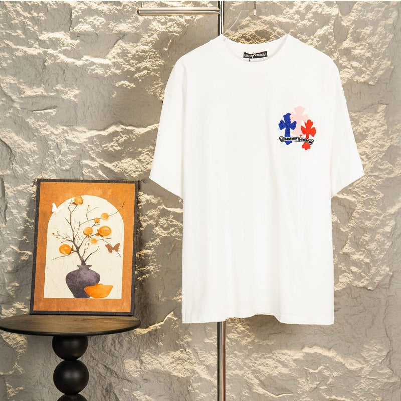 Ch hip-hop t-shirts: ch color dopamine cross towel embroidery short sleeve distressed crew neck tee - high street style