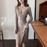 Women Maxi Dress Spring and Autumn Sexy Long Sleeve V-neck Knitted Sheath Dress