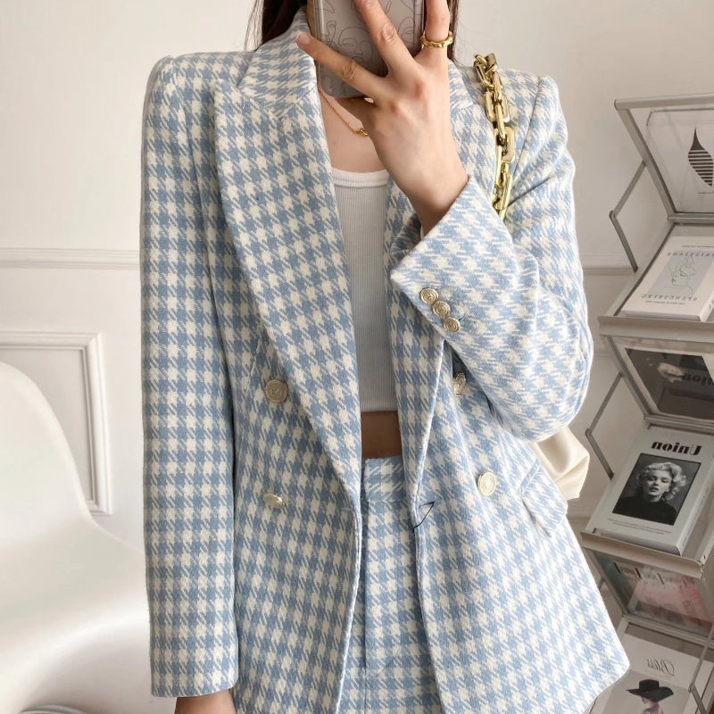 Women Suits Houndstooth Double Breasted Blazer Casual Shorts