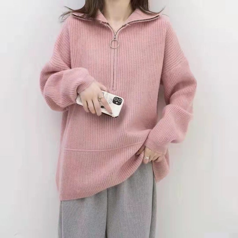 Women Knitted Pullover Autumn and Winter Zipper High Collar Loose Pullover Sweater