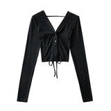 Women Sweater Knitwear Backless T-shirt Women's Summer V-neck Double-Breasted Short Midriff Outfit Bottoming Shirt