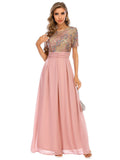 Women Evening Gown Sexy Big Swing Chiffon Stitching Sequins Dress