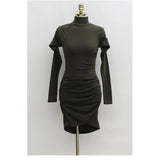 Women Dresses Turtleneck Pleated Dress Long Sleeve Tight Sheath Short Dress