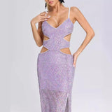 Women Evening Dress Hollow Backless Sexy Suspenders Grid Sequins Split Dress