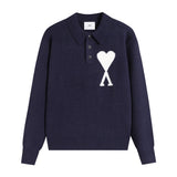 Ami araunriflove polo collar lapel wool sweater long sleeves couple fall and winterembroiderknitting shirt
