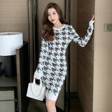 Women Maxi Dress Autumn and Winter Long Sleeve round Neck Houndstooth Knitted Sheath Dress