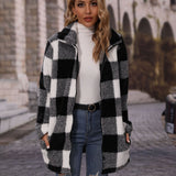 Women Trench Coat Autumn Lapel Long Sleeve Loose Plaid Zipper Double-Sided Velvet Casual Long Coat
