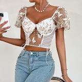 Women Party Tops Halter Perspective Butterfly Embroidered Suspender Mesh Vest