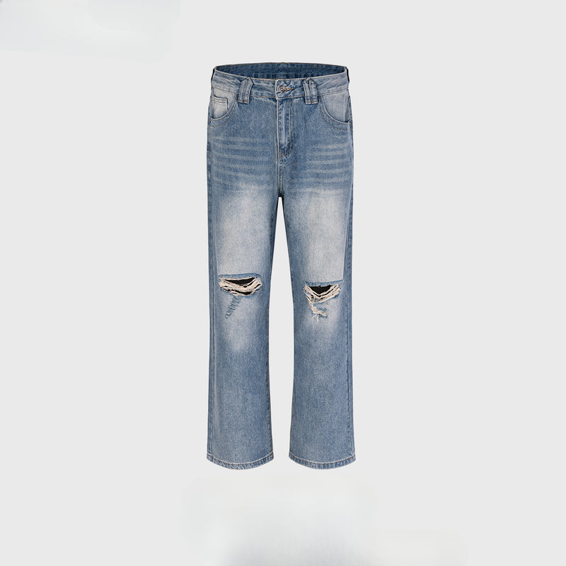 MIJKO Men Vintage Pants MIJKO Wash Old Slightly Stretched Ripped Jeans