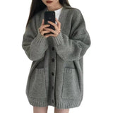 Women Knitted Cardigan V-neck Cardigan Simple Sweater Casual Loose Knitted Coat