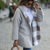 Women Trench Coat Casual Plush Women's Hooded Regular Long Sleeve Loose Plaid Puff Coat