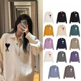 Ami araunriflove polo collar lapel wool sweater long sleeves couple fall and winterembroiderknitting shirt