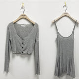 Women Dresses Cardigan Button Outer Coat Suit Two-Piece Set Long Sleeve Short Dress Dress
