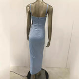 Women Dresses Blue Rhinestone Sequin Sling Long Dress (Ont0408)