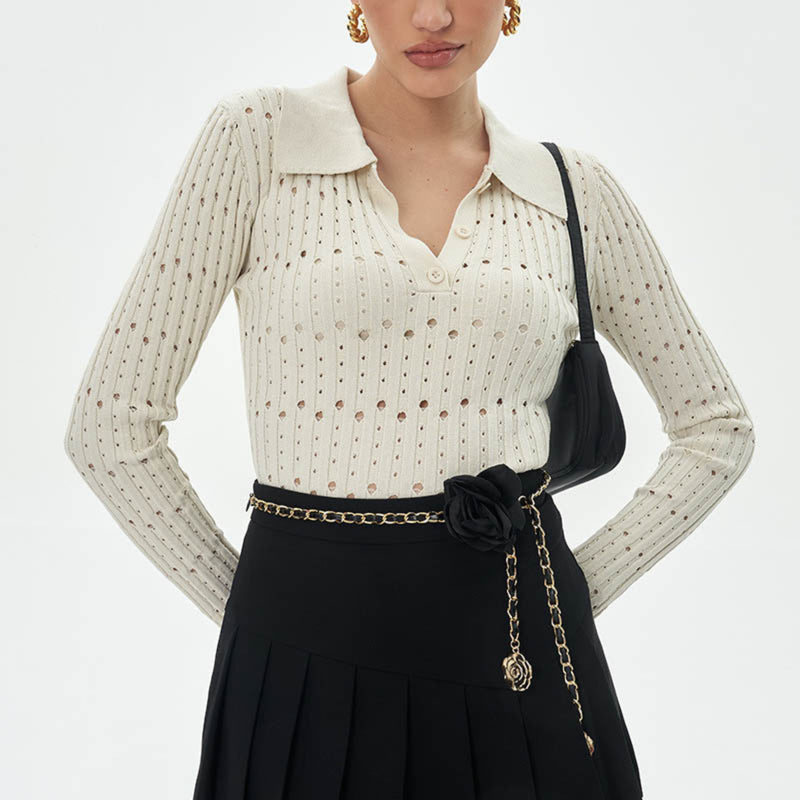 Women Tops Spring/Summer Lapel Hollow Knitwear Pullover Top