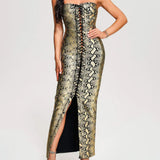 Women Evening Dress Python Print Long Dress Bandage Sexy Slit Dress