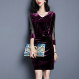 Women Maxi Dress Autumn Winter Retro Velvet V-neck Sheath Dress